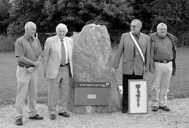 Presentation of Menhir at Plouy&eacute; in 2005 with Rhys Webb and Ian Lebbon from Carrog and Marcel Le Guern (Mayor) and Marc Parayre (President of the Twinning Committee) from Plouy&eacute;